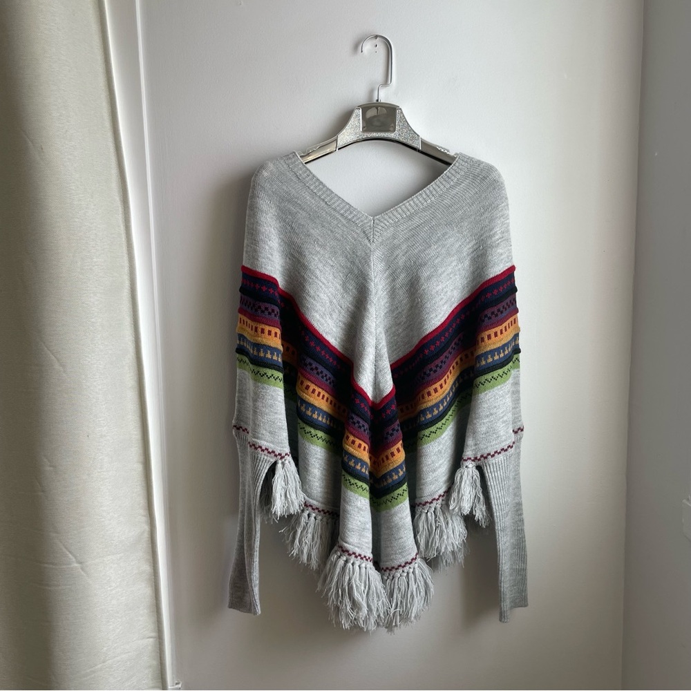 Boho Coloful Poncho w/Long Sleeves and Fringe size L